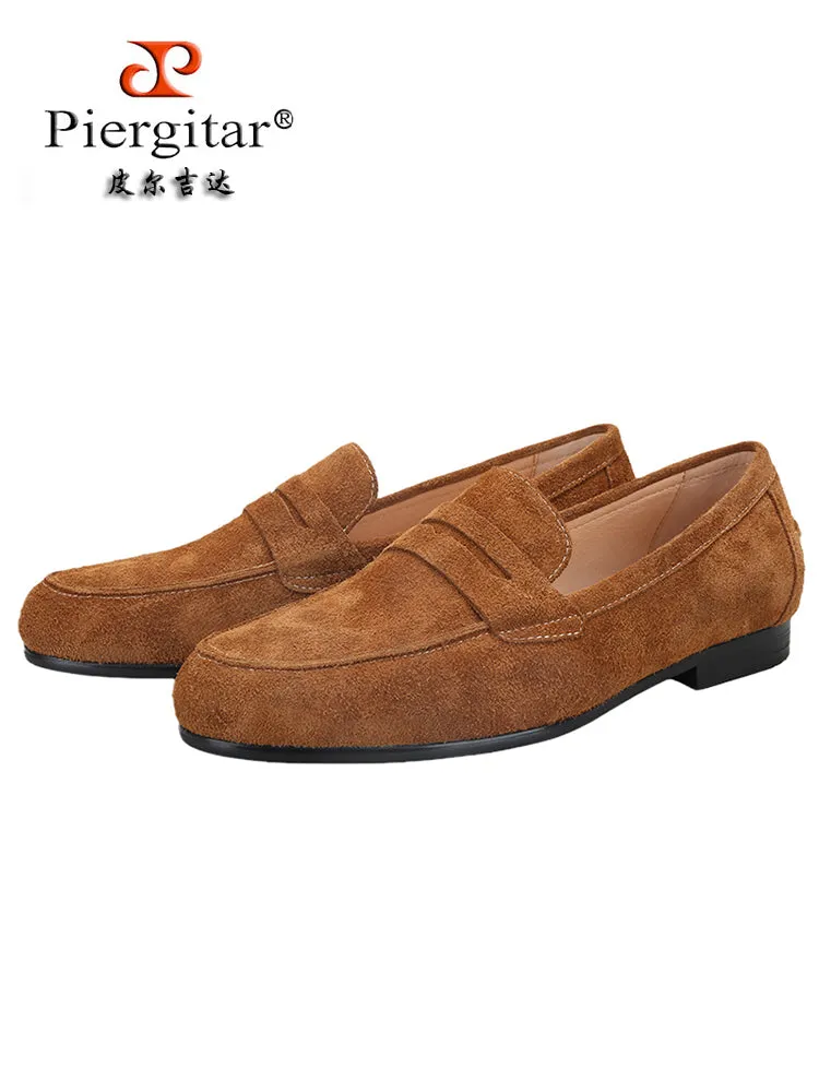 Summer style light brown suede men's round toe Penny Loafer plush slip-on British style casual shoes