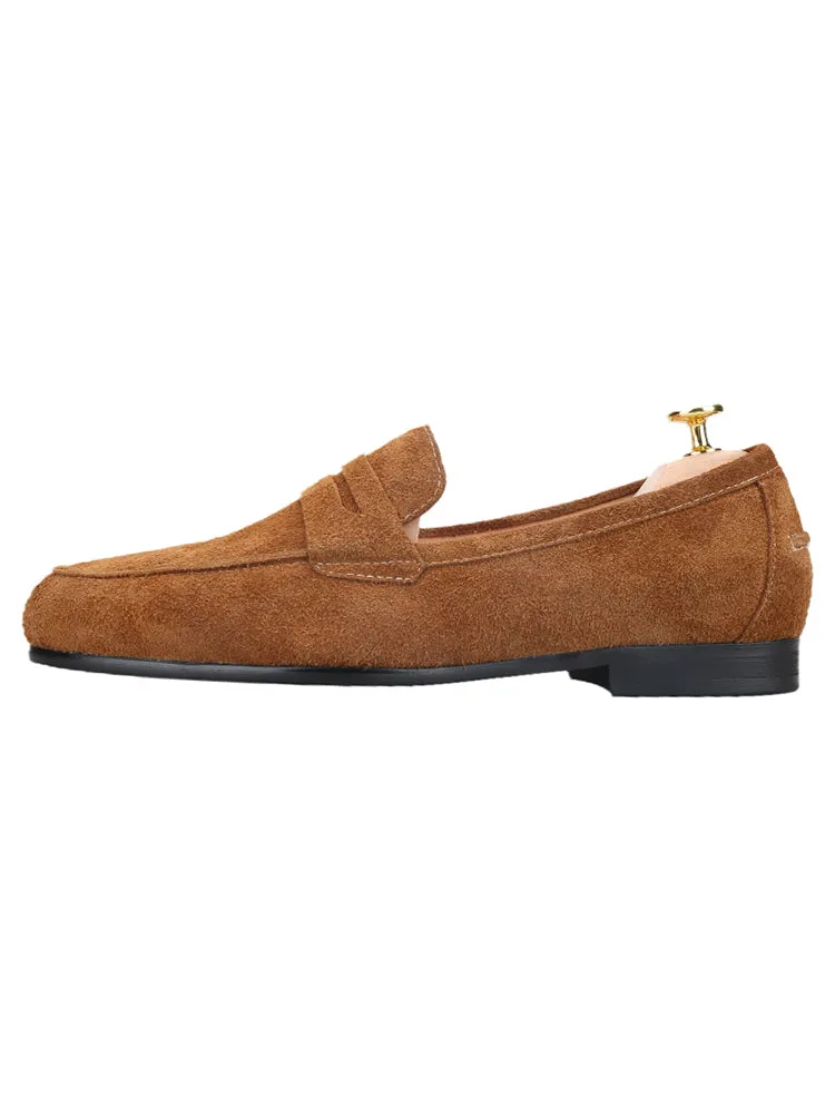Summer style light brown suede men's round toe Penny Loafer plush slip-on British style casual shoes