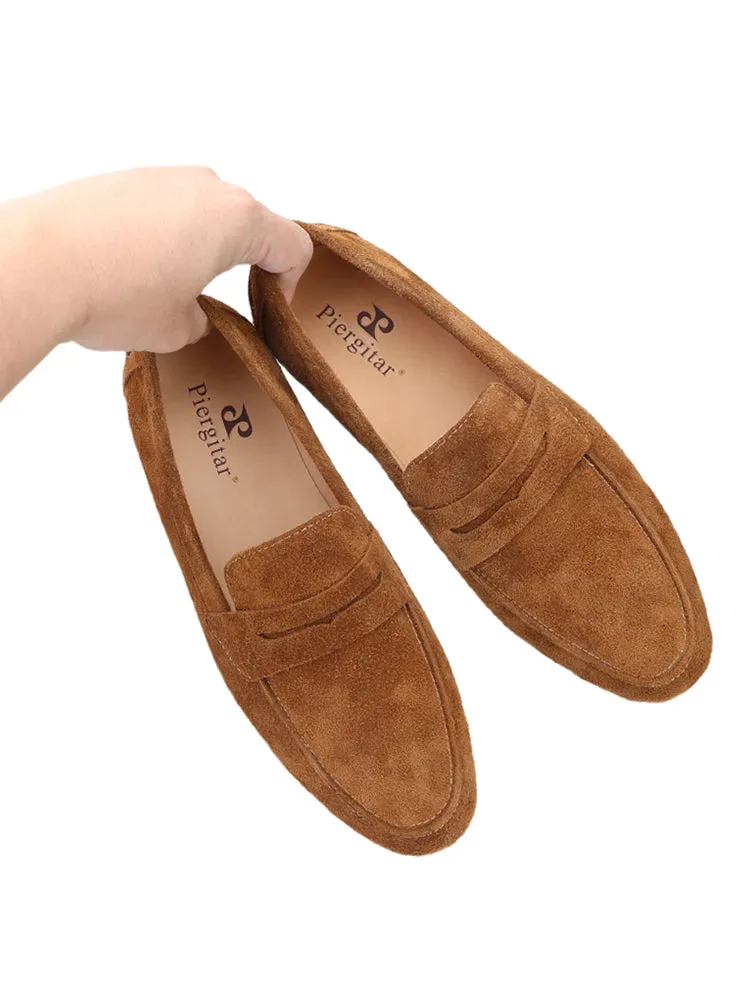Summer style light brown suede men's round toe Penny Loafer plush slip-on British style casual shoes