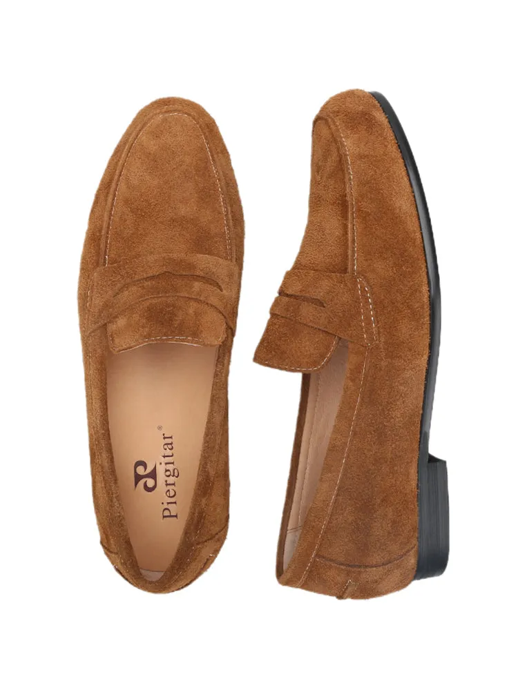 Summer style light brown suede men's round toe Penny Loafer plush slip-on British style casual shoes