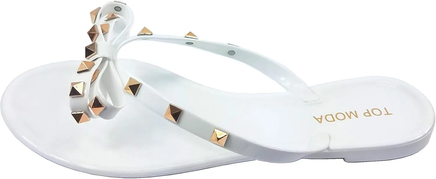 TOP Moda Womens Studded Jelly Flip Flops Sandals with Bow
