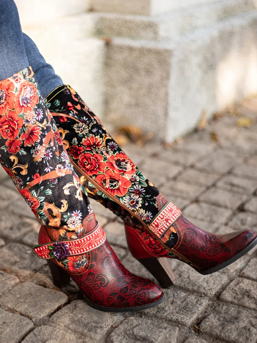 Vicconfy | Genuine Leather Peony Paisley Boho Knee Boots