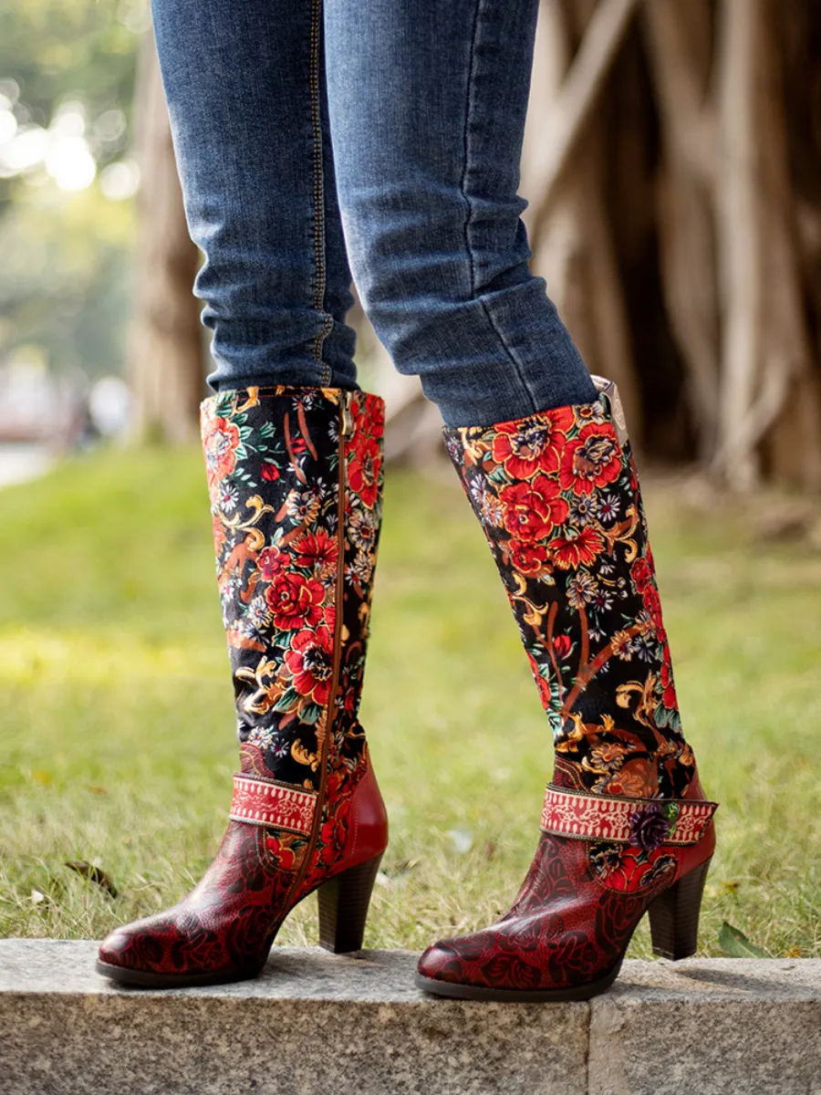 Vicconfy | Genuine Leather Peony Paisley Boho Knee Boots