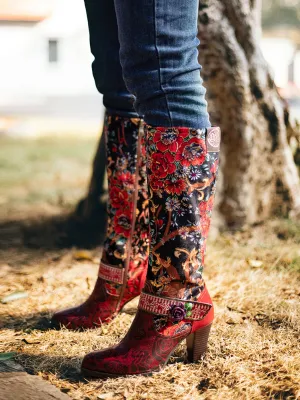 Vicconfy | Genuine Leather Peony Paisley Boho Knee Boots