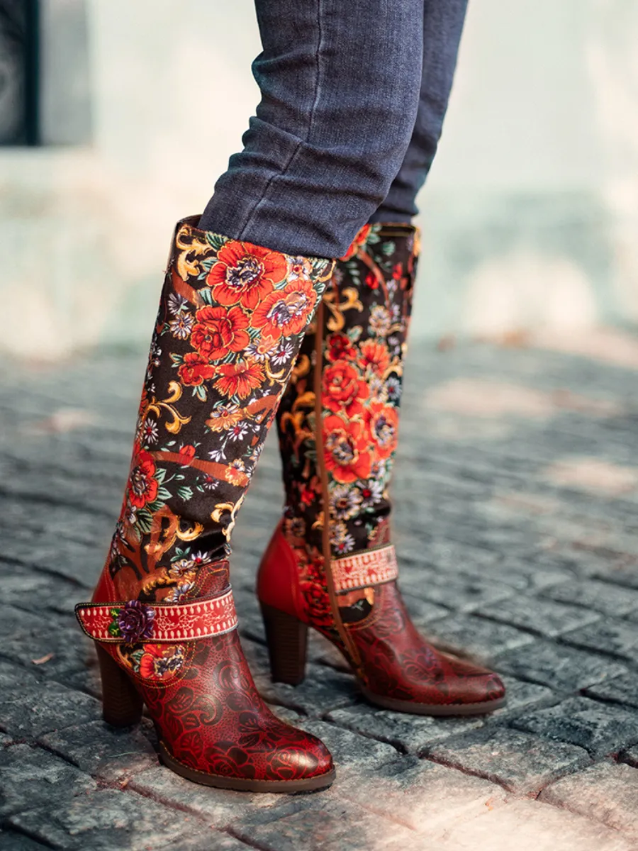 Vicconfy | Genuine Leather Peony Paisley Boho Knee Boots