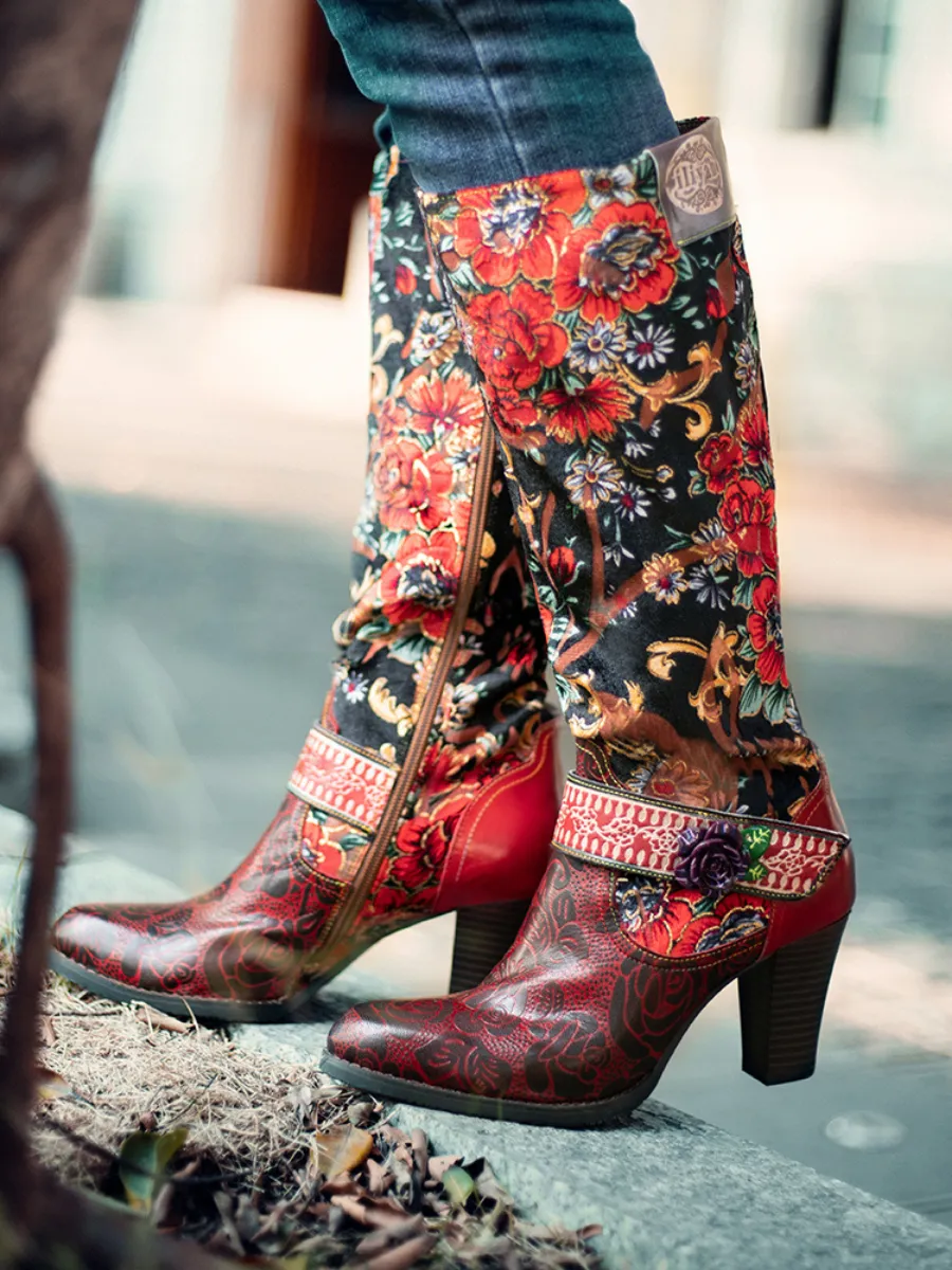 Vicconfy | Genuine Leather Peony Paisley Boho Knee Boots