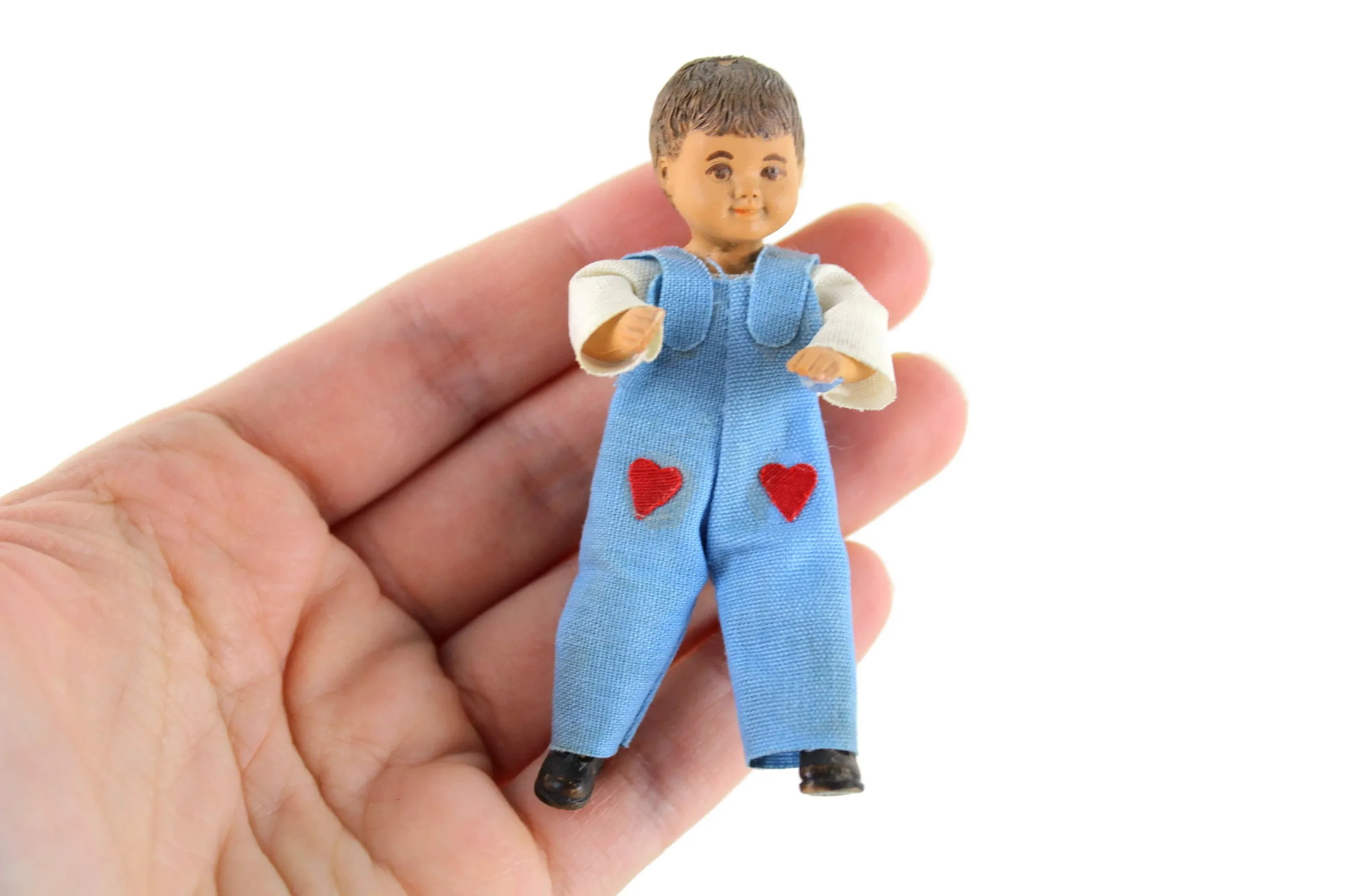 Vintage 1:12 Dollhouse Rubber Father Dad Figurine in Patterned Shirt & Blue Jeans
