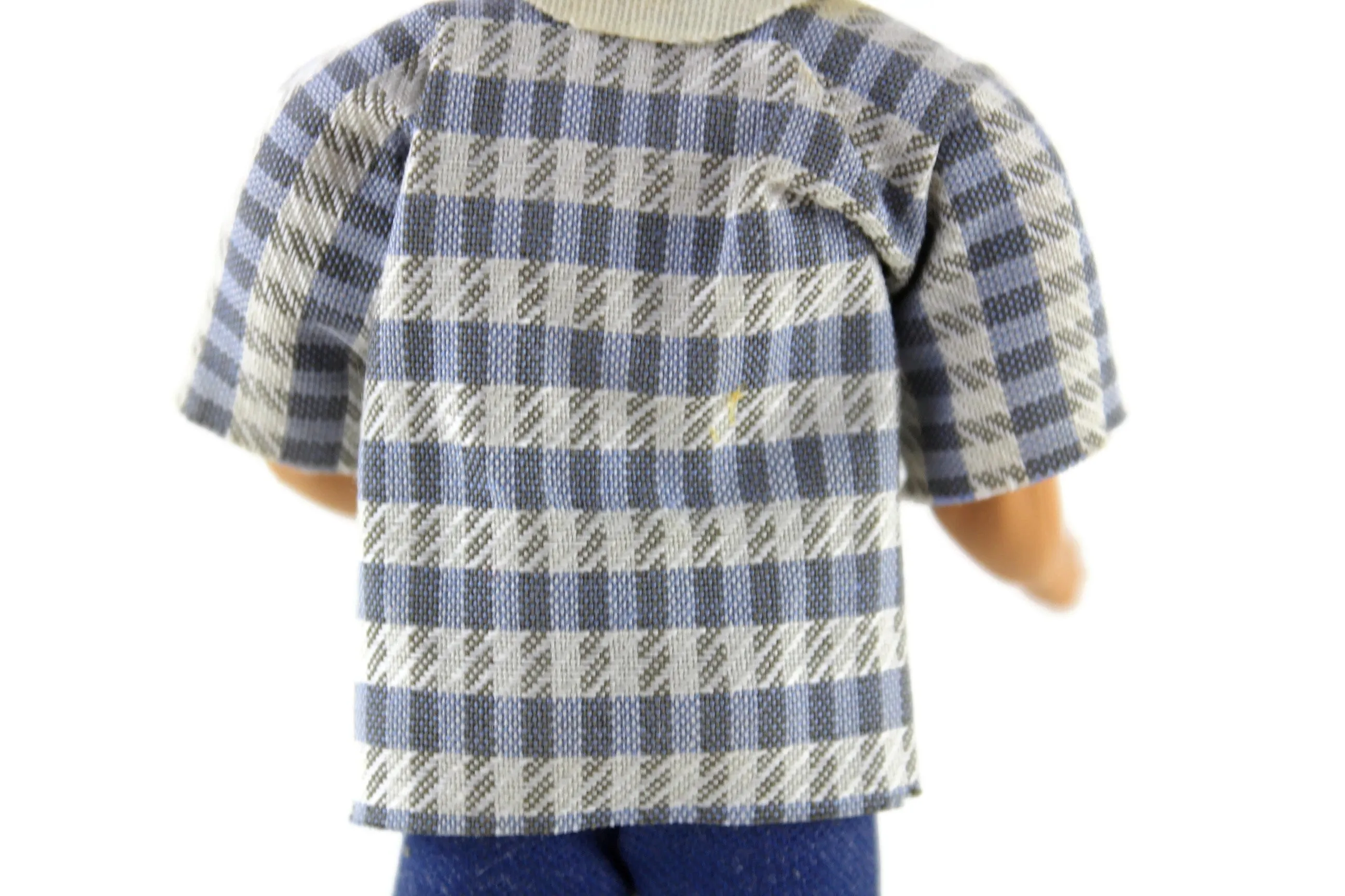 Vintage 1:12 Dollhouse Rubber Father Dad Figurine in Patterned Shirt & Blue Jeans