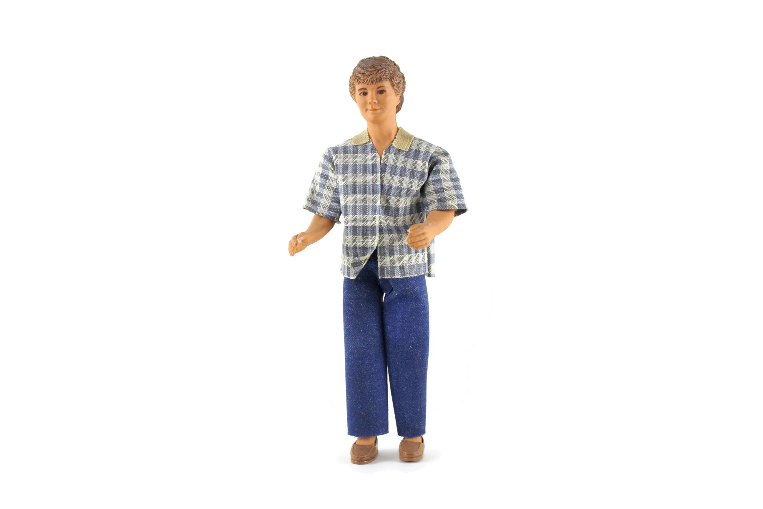 Vintage 1:12 Dollhouse Rubber Father Dad Figurine in Patterned Shirt & Blue Jeans
