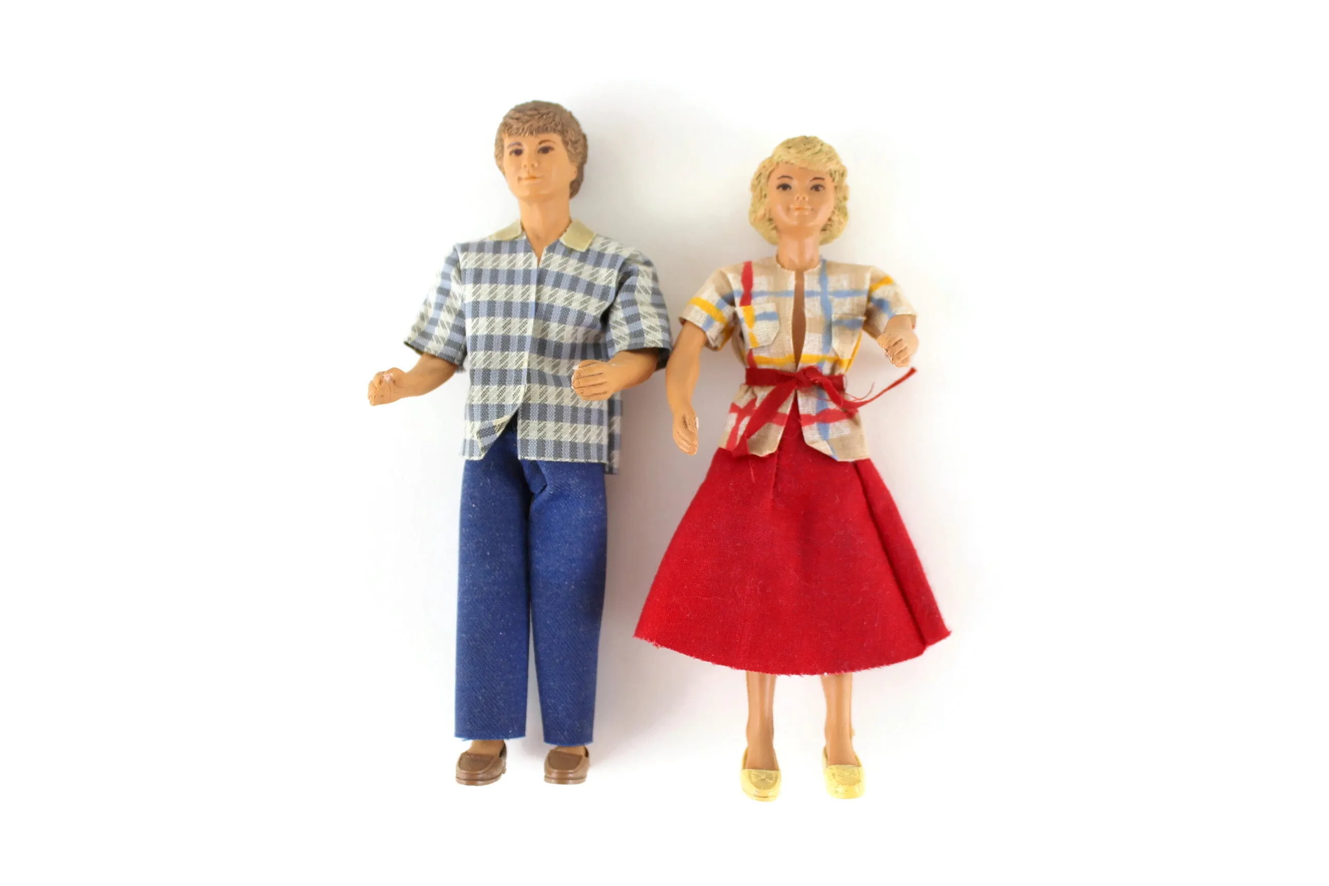 Vintage 1:12 Dollhouse Rubber Father Dad Figurine in Patterned Shirt & Blue Jeans