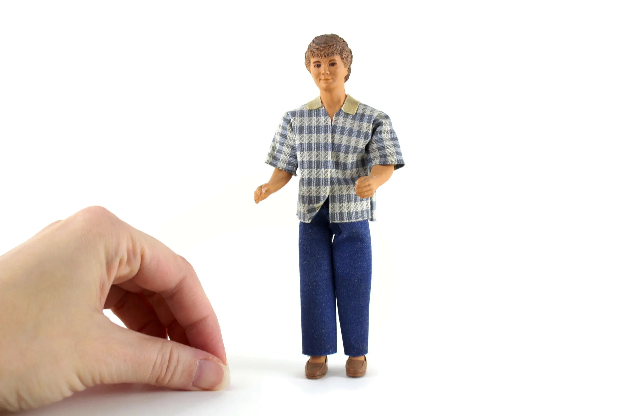 Vintage 1:12 Dollhouse Rubber Father Dad Figurine in Patterned Shirt & Blue Jeans