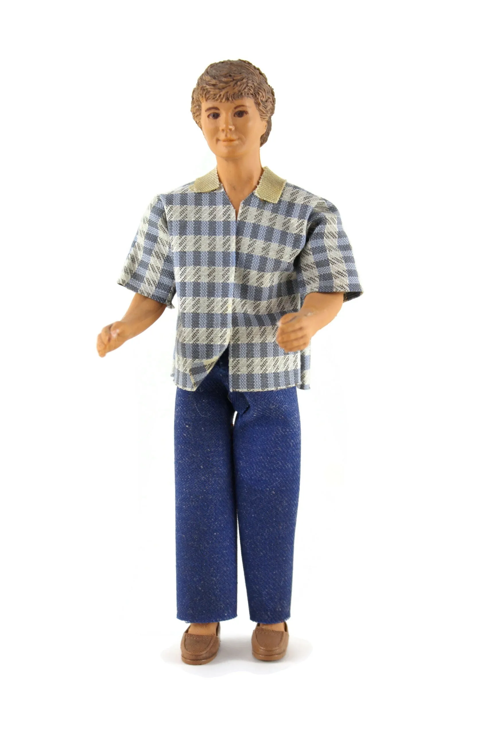 Vintage 1:12 Dollhouse Rubber Father Dad Figurine in Patterned Shirt & Blue Jeans