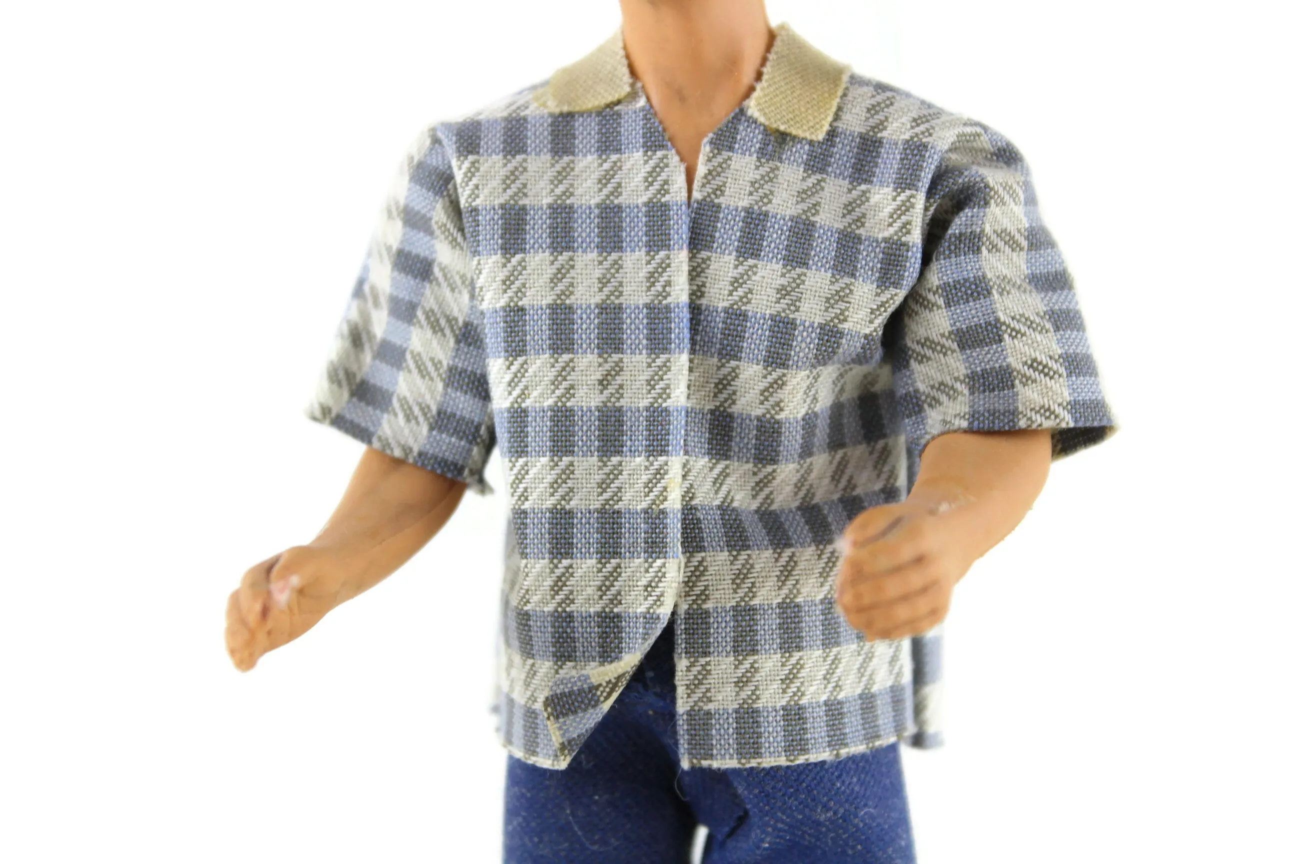 Vintage 1:12 Dollhouse Rubber Father Dad Figurine in Patterned Shirt & Blue Jeans