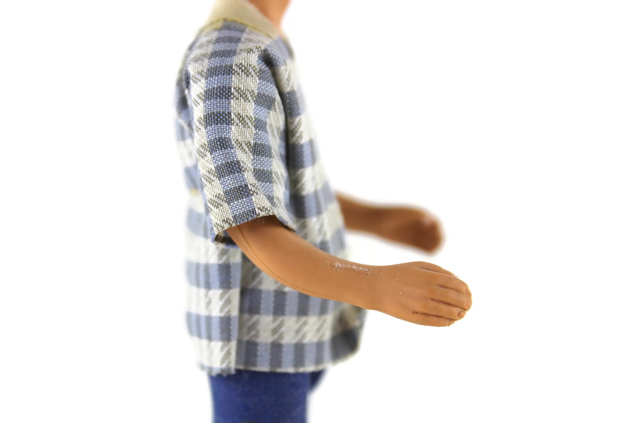 Vintage 1:12 Dollhouse Rubber Father Dad Figurine in Patterned Shirt & Blue Jeans