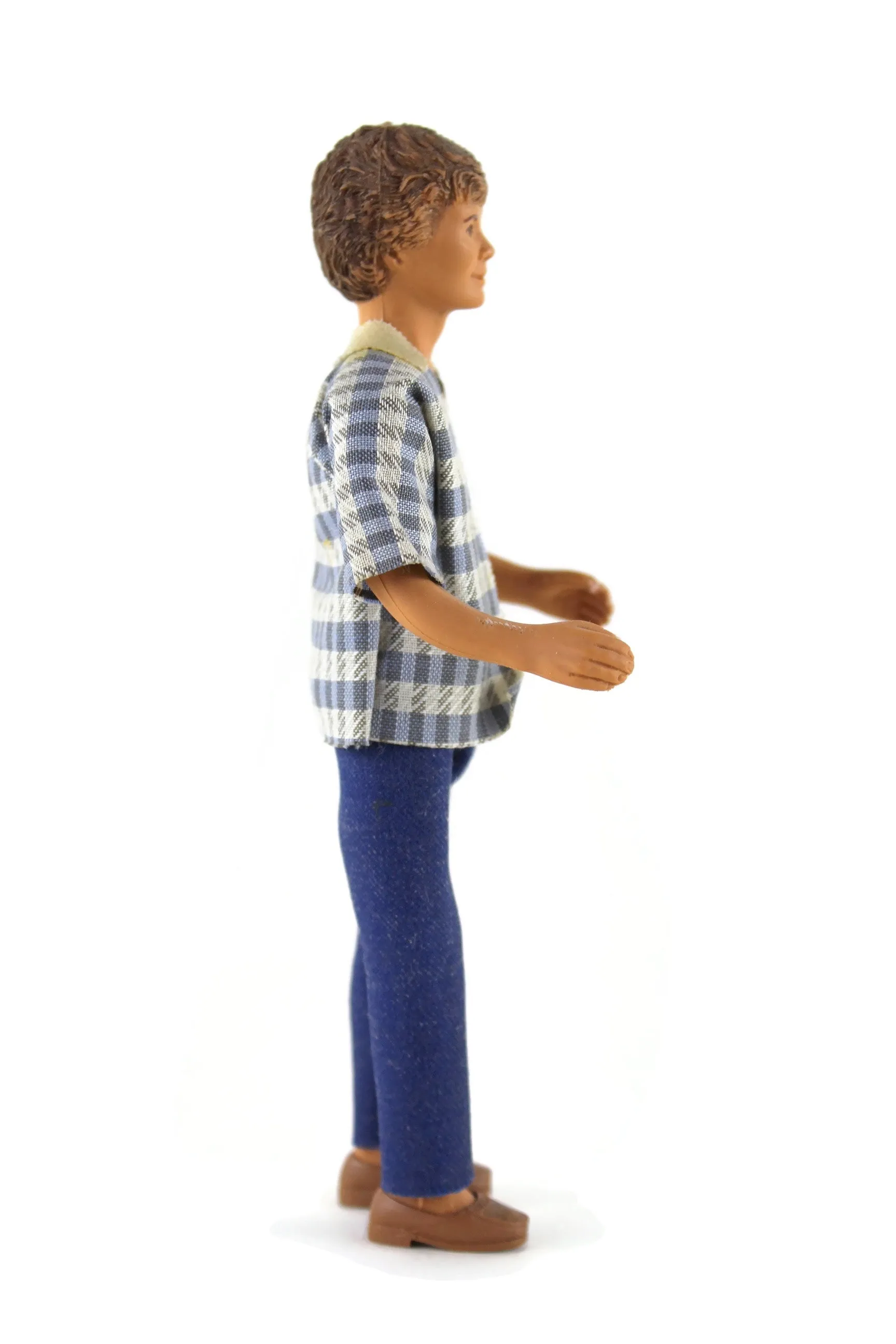 Vintage 1:12 Dollhouse Rubber Father Dad Figurine in Patterned Shirt & Blue Jeans