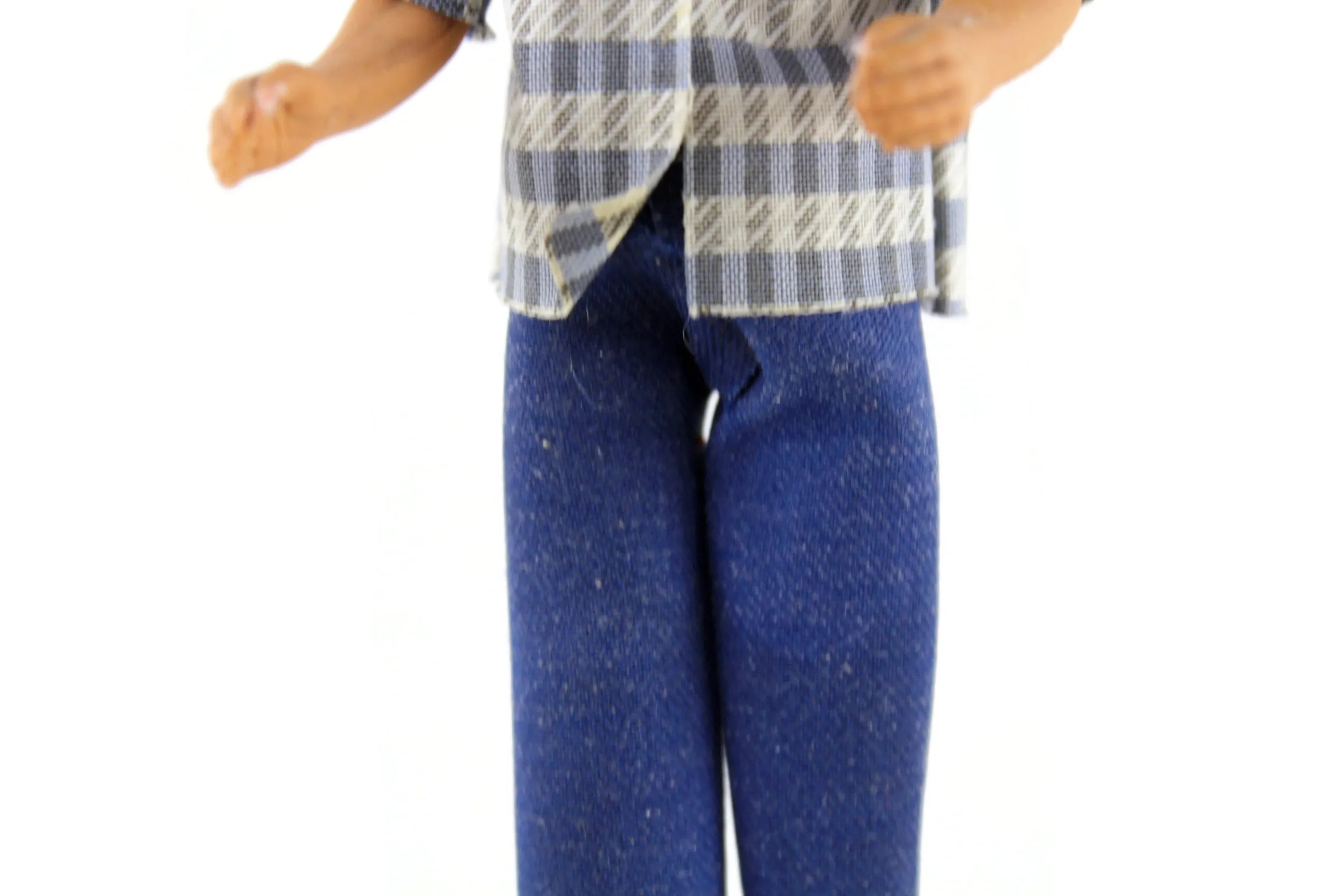 Vintage 1:12 Dollhouse Rubber Father Dad Figurine in Patterned Shirt & Blue Jeans