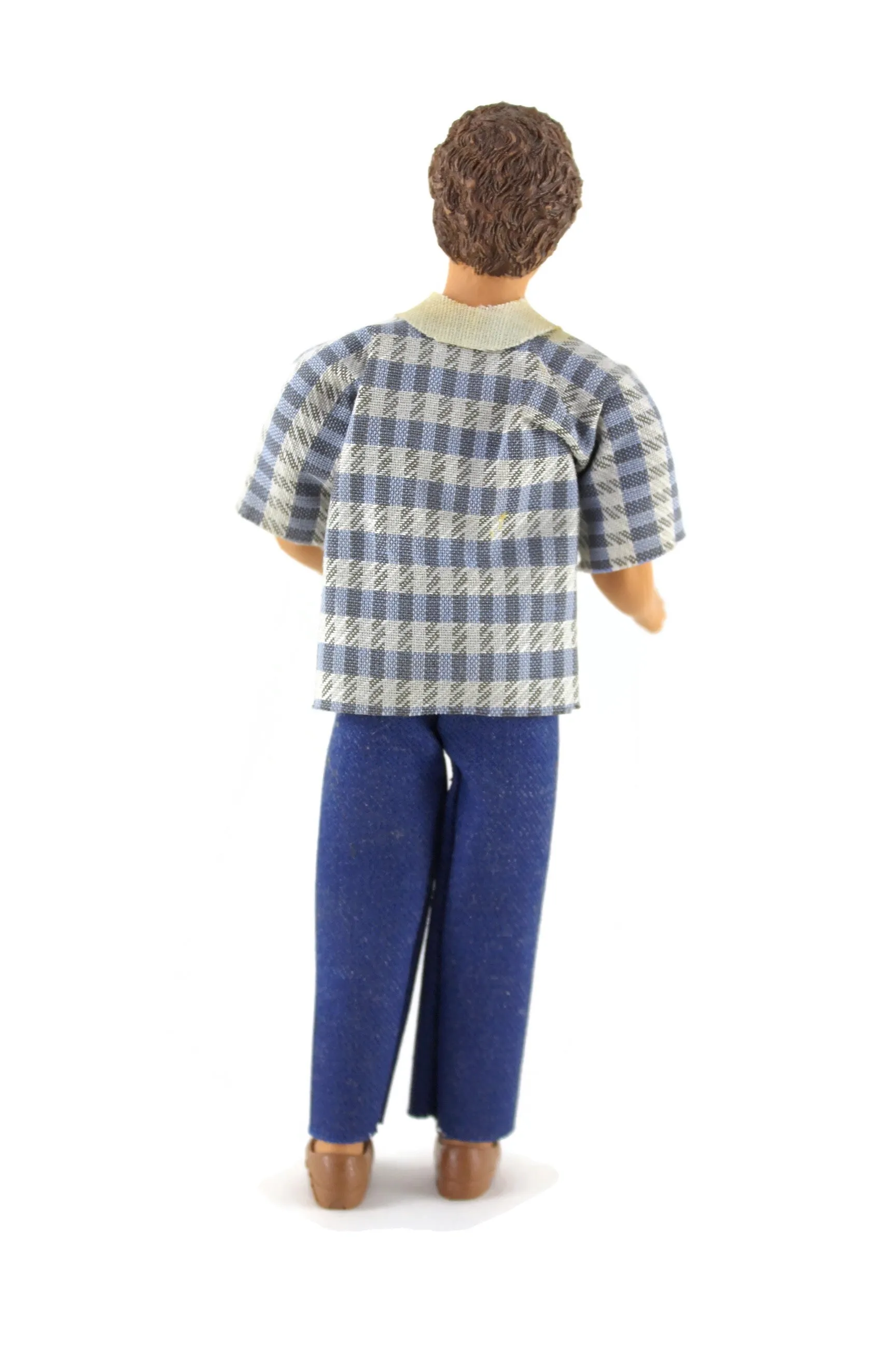 Vintage 1:12 Dollhouse Rubber Father Dad Figurine in Patterned Shirt & Blue Jeans