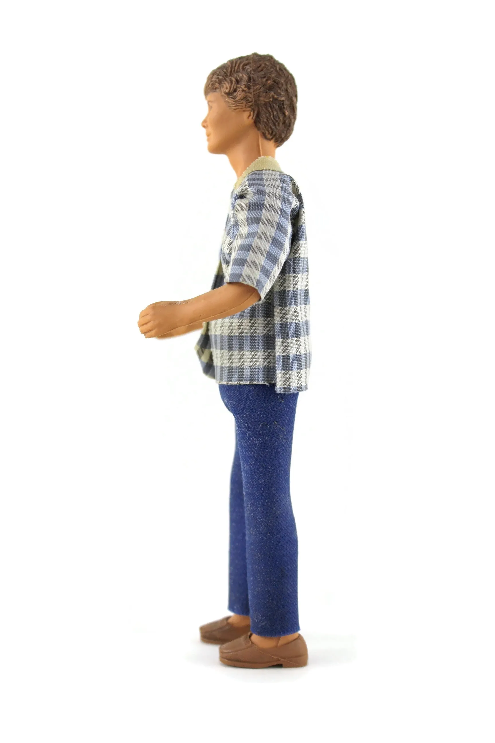 Vintage 1:12 Dollhouse Rubber Father Dad Figurine in Patterned Shirt & Blue Jeans
