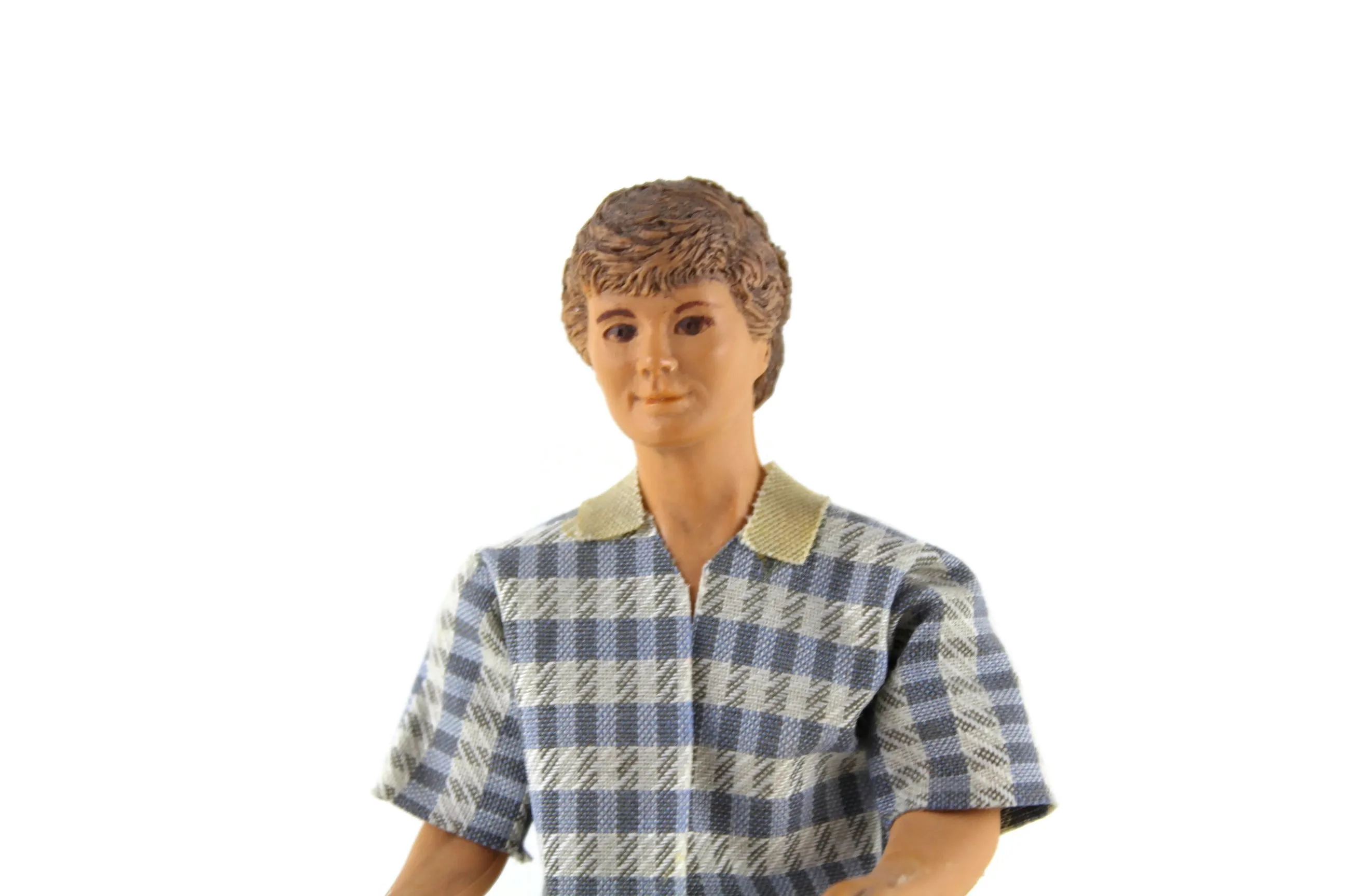 Vintage 1:12 Dollhouse Rubber Father Dad Figurine in Patterned Shirt & Blue Jeans