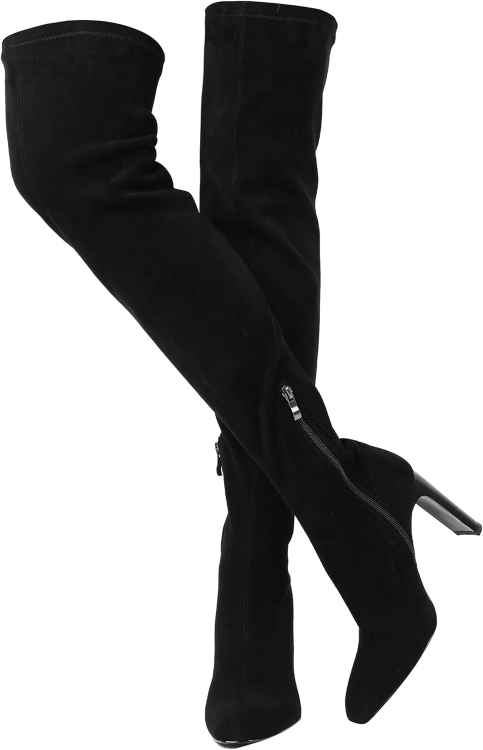 VOMIRA Thigh High Suede Boots - Square Toe, Chunky High Heels, Side Zipper, Stretch, Over the Knee, Long Boots for Women - Black - Fall Winter