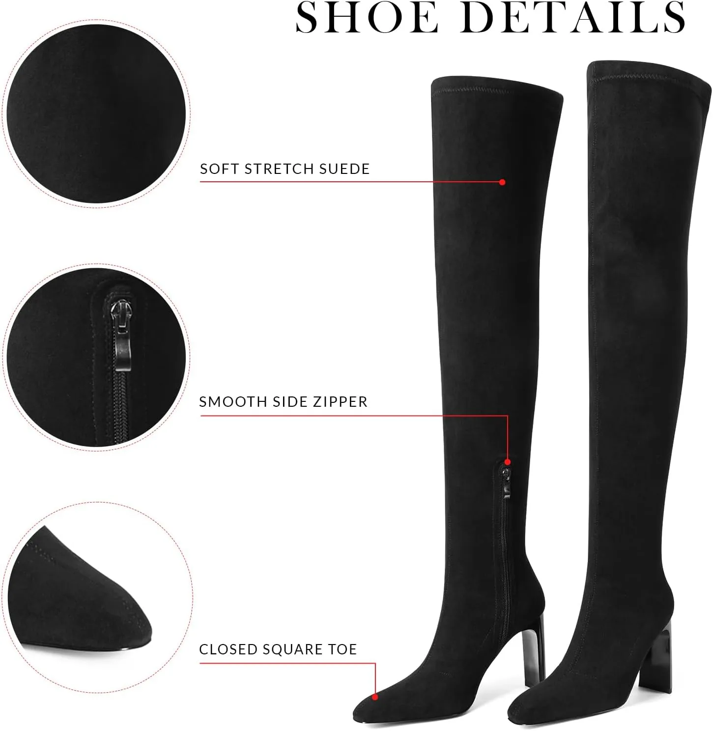 VOMIRA Thigh High Suede Boots - Square Toe, Chunky High Heels, Side Zipper, Stretch, Over the Knee, Long Boots for Women - Black - Fall Winter