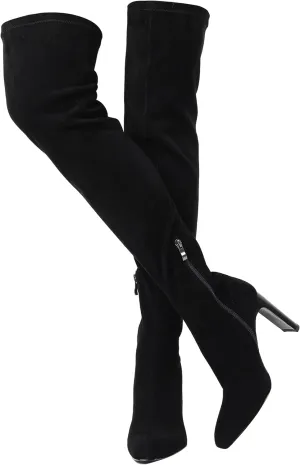 VOMIRA Thigh High Suede Boots - Square Toe, Chunky High Heels, Side Zipper, Stretch, Over the Knee, Long Boots for Women - Black - Fall Winter