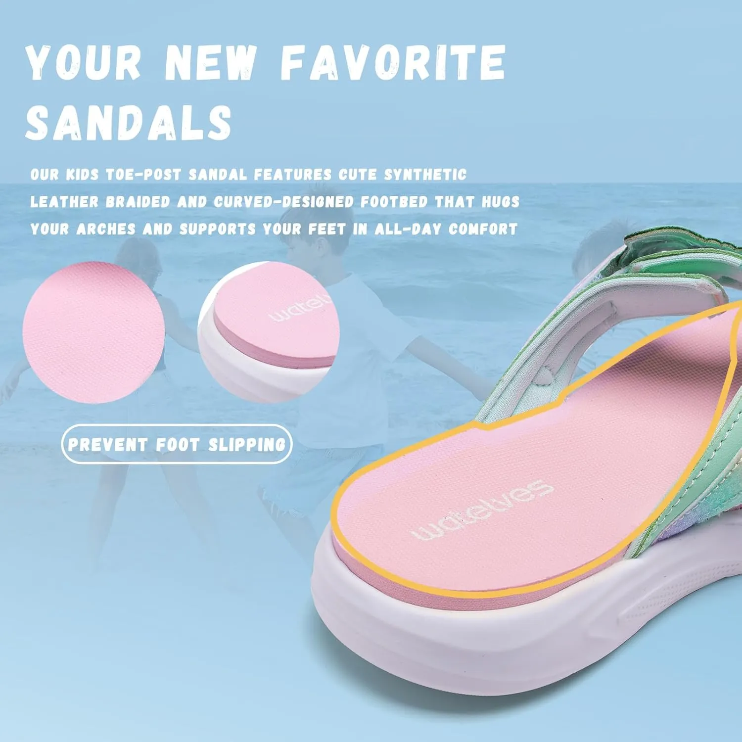 WateLves Kids Flip Flops Boys Girls Adjustable Hook and Loop Sandals Non-Slip Summer Sandal Shoes for Beach Swim Pool (Little Kid/Big Kid)