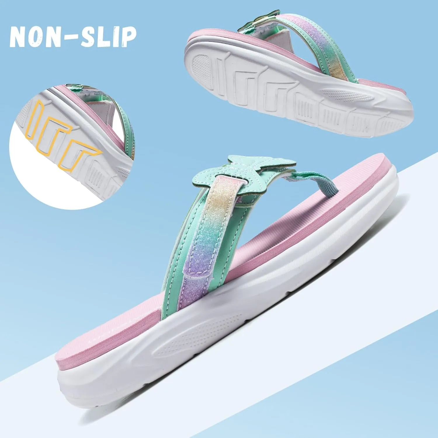 WateLves Kids Flip Flops Boys Girls Adjustable Hook and Loop Sandals Non-Slip Summer Sandal Shoes for Beach Swim Pool (Little Kid/Big Kid)
