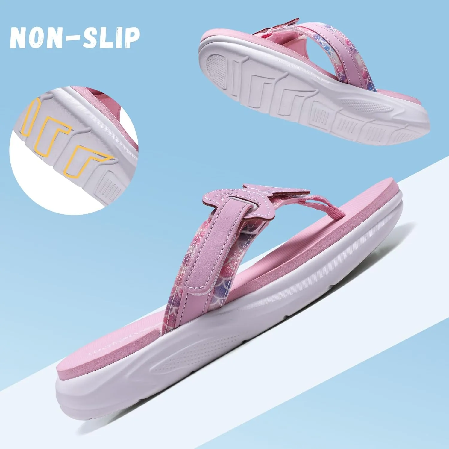 WateLves Kids Flip Flops Boys Girls Adjustable Hook and Loop Sandals Non-Slip Summer Sandal Shoes for Beach Swim Pool (Little Kid/Big Kid)