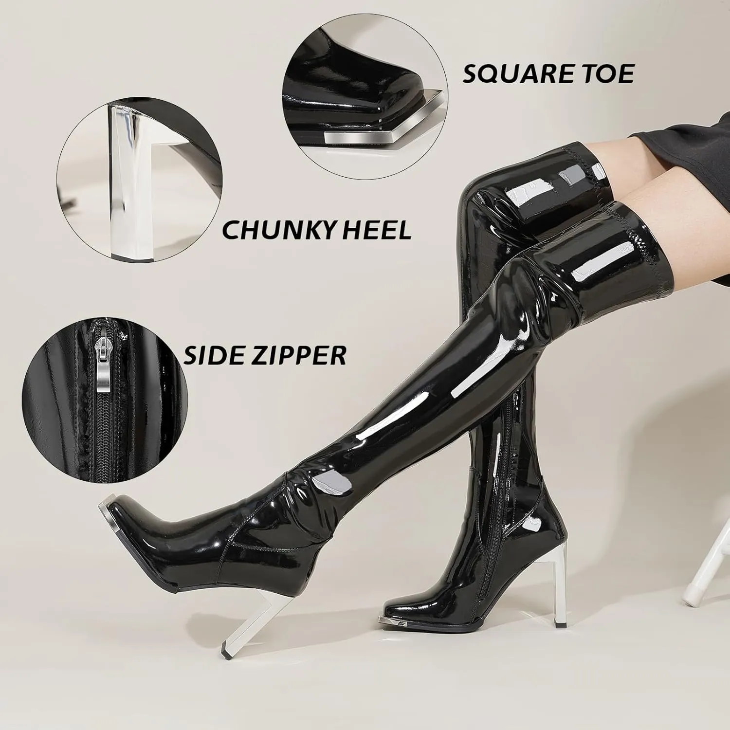 Wavyvigs Women Wide Calf Thigh High Latex Stretch Boots Square Toe Over The Knee Boots Block High Heel Long Boots