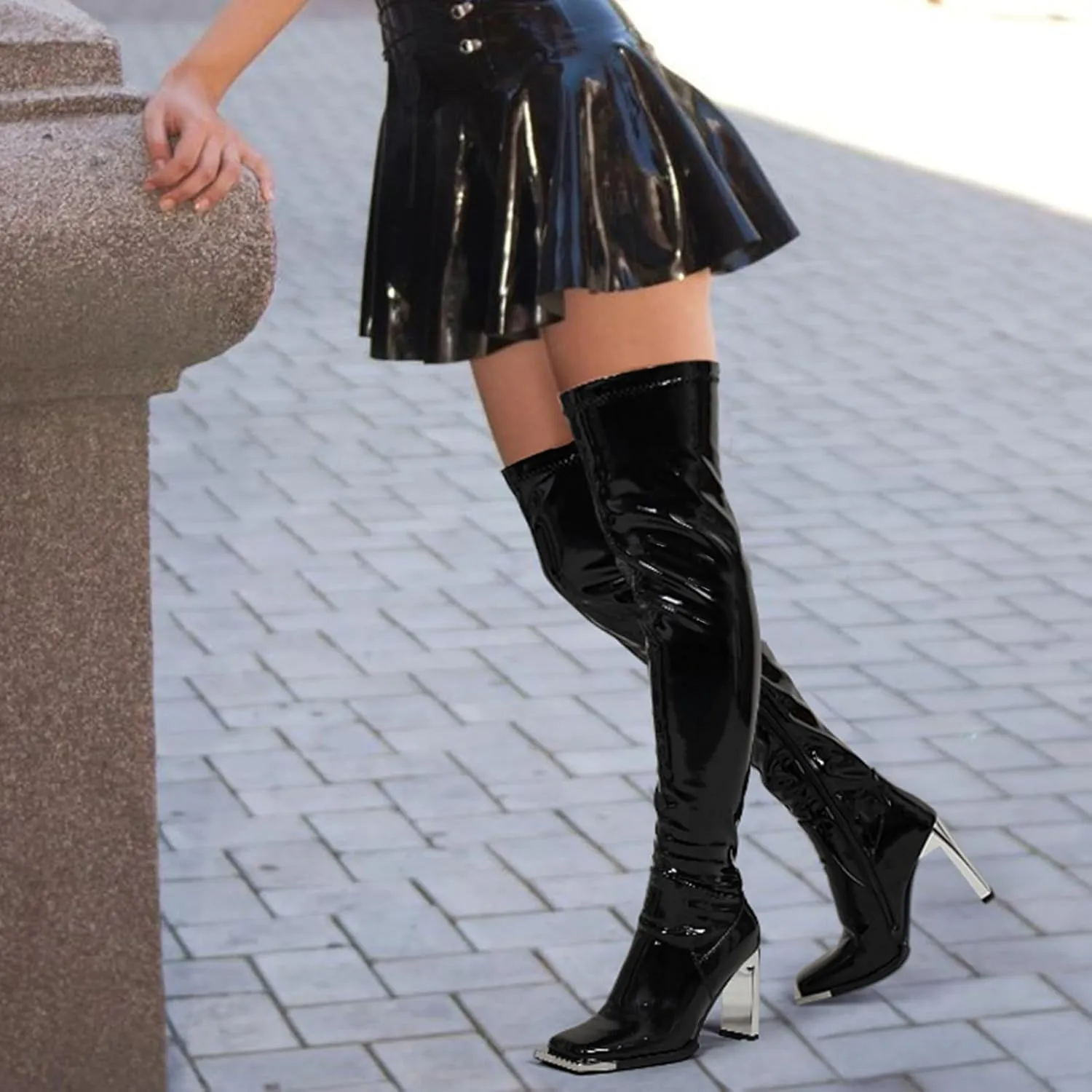 Wavyvigs Women Wide Calf Thigh High Latex Stretch Boots Square Toe Over The Knee Boots Block High Heel Long Boots
