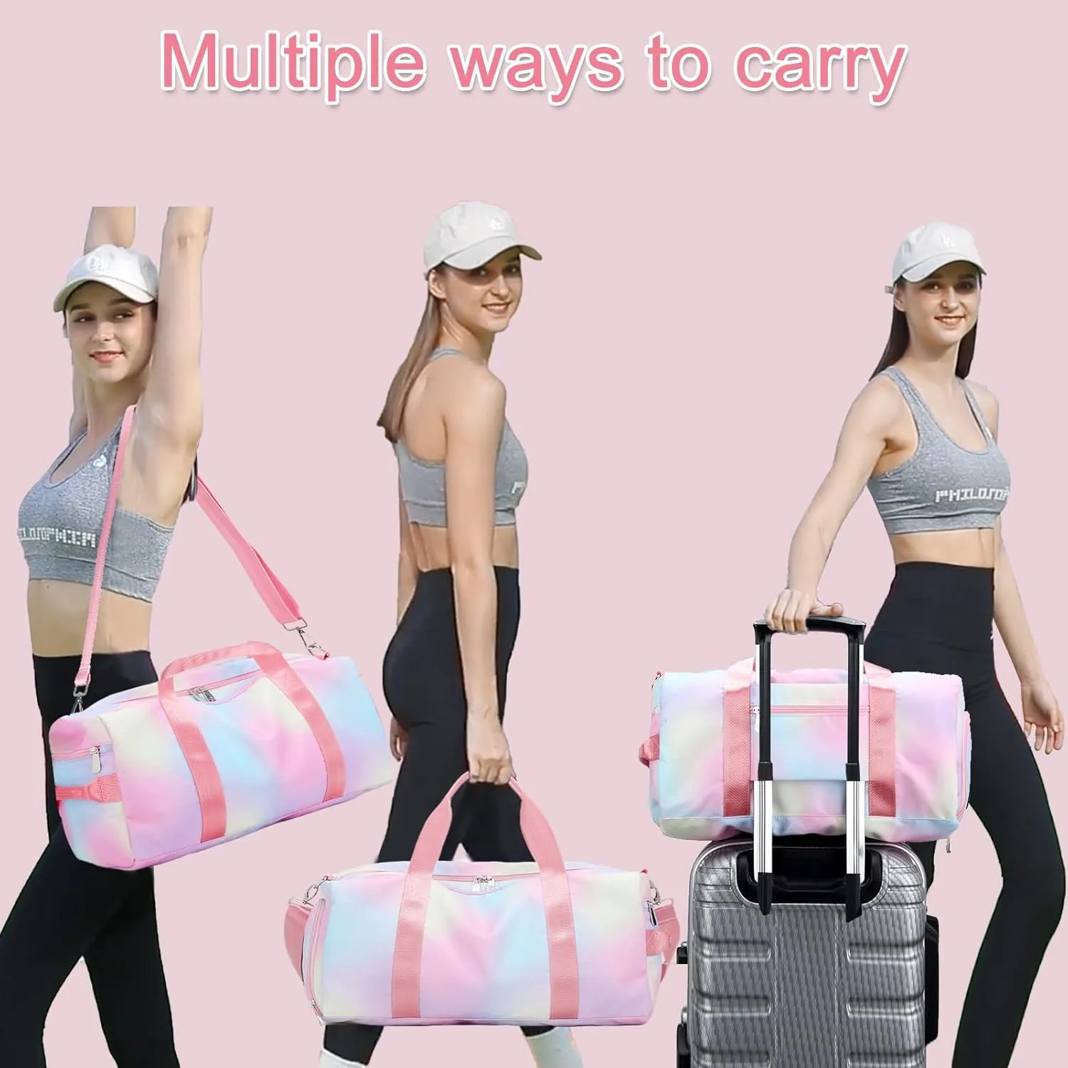 Weekender Duffel Sport Gym Bag Women Girls Travel duffle Bags with Shoe Compartment Wet Pocket (Rainbow Pink) 19.7"x9.5"x9.9"