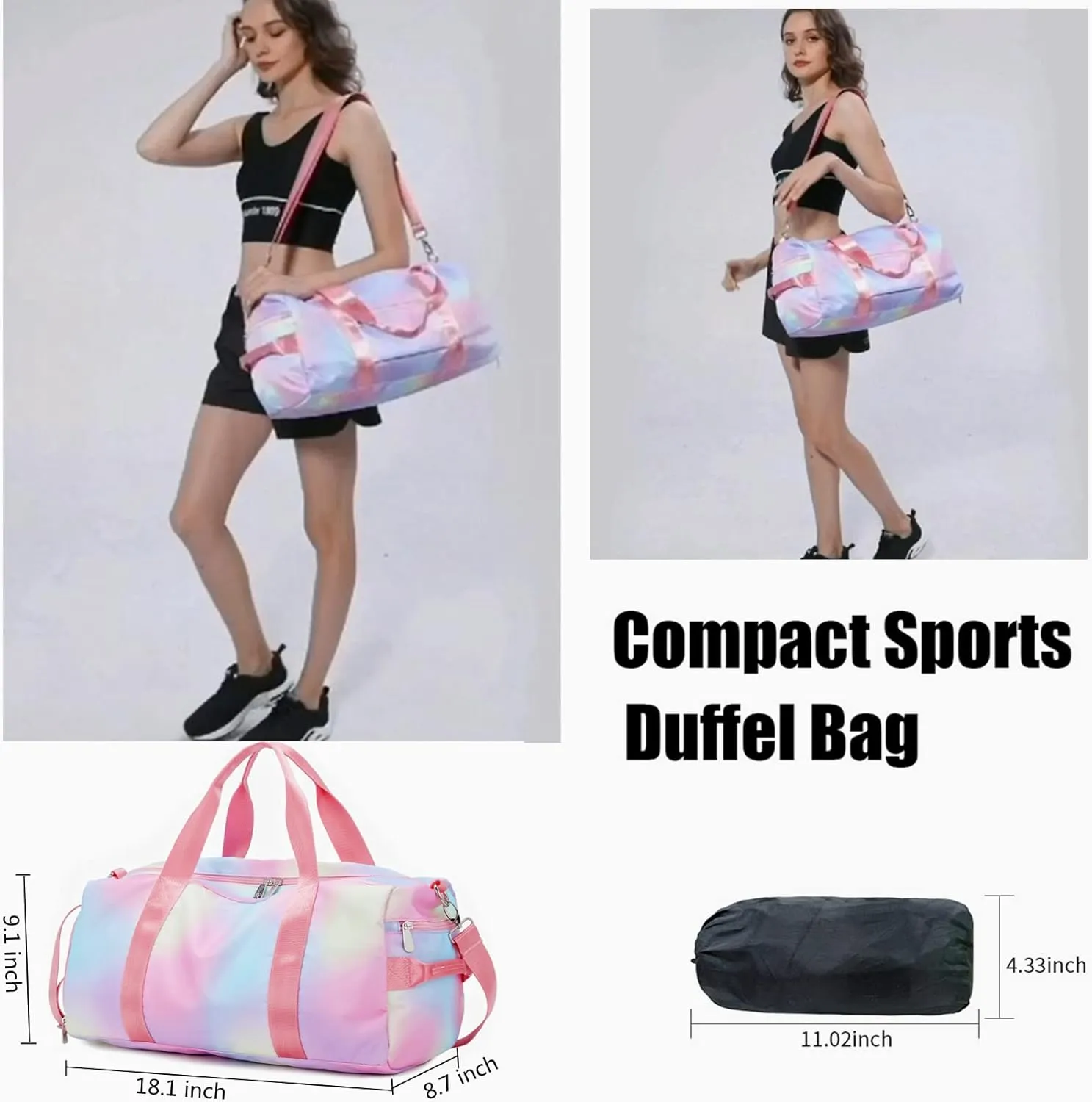 Weekender Duffel Sport Gym Bag Women Girls Travel duffle Bags with Shoe Compartment Wet Pocket (Rainbow Pink) 19.7"x9.5"x9.9"