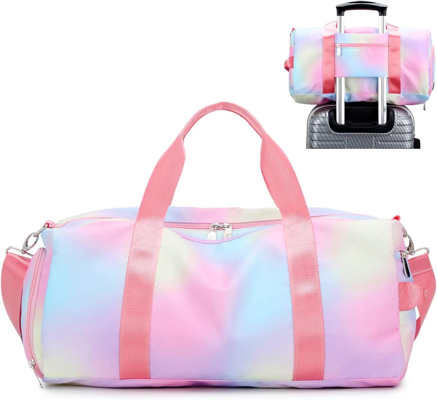 Weekender Duffel Sport Gym Bag Women Girls Travel duffle Bags with Shoe Compartment Wet Pocket (Rainbow Pink) 19.7"x9.5"x9.9"