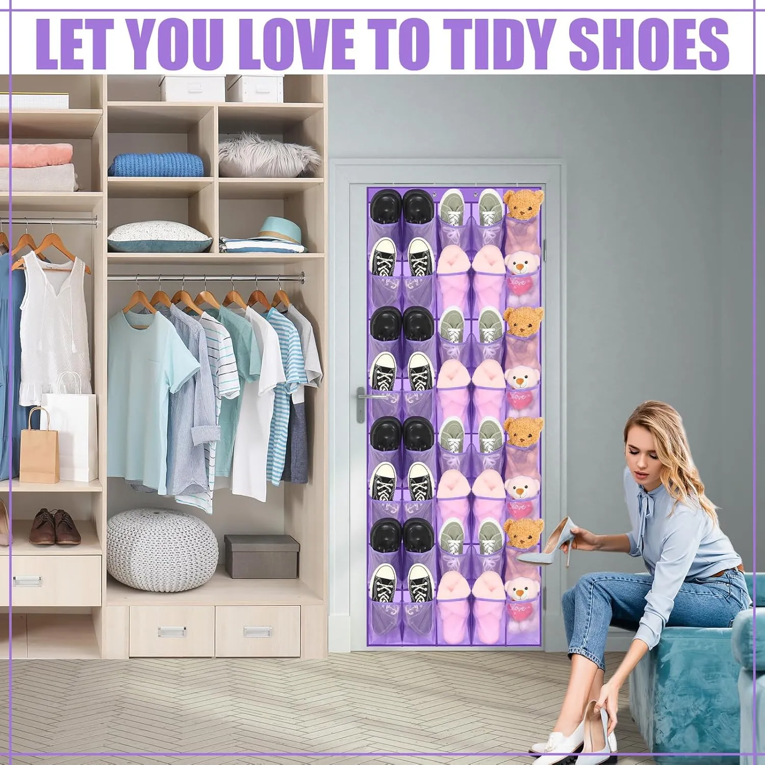 Windyun 40 Large over the Door Hanging Shoe Organizer Purple Mesh Pockets Shoe Rack for Closet Behind Door Hanger Storage Holder Nonslip for Cruise Essentials, Dorm Room Storage, Utility Room