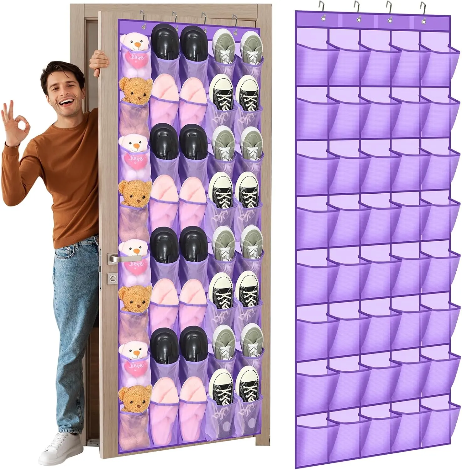 Windyun 40 Large over the Door Hanging Shoe Organizer Purple Mesh Pockets Shoe Rack for Closet Behind Door Hanger Storage Holder Nonslip for Cruise Essentials, Dorm Room Storage, Utility Room