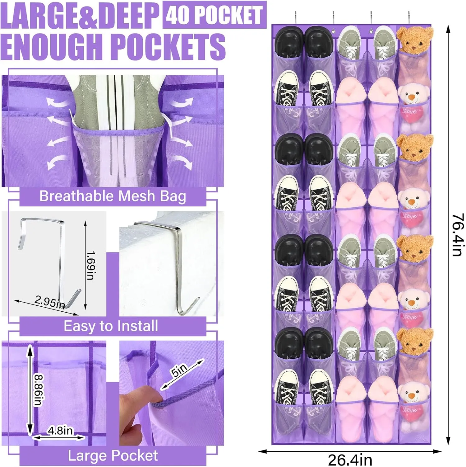 Windyun 40 Large over the Door Hanging Shoe Organizer Purple Mesh Pockets Shoe Rack for Closet Behind Door Hanger Storage Holder Nonslip for Cruise Essentials, Dorm Room Storage, Utility Room