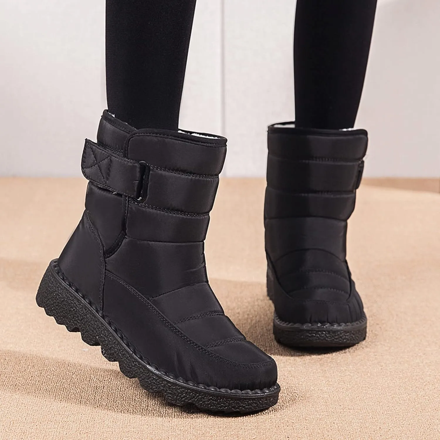 Winter Snow Boots for Women Water-proof Thermal Fleece Lined Anti Slip Mid Calf Boots for Ladies Platform Wedge Booties Warm Fuzzy Ankle Booties Outdoor Work Short Boots with Buckle