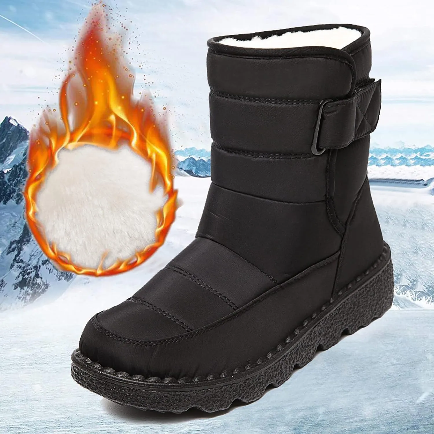Winter Snow Boots for Women Water-proof Thermal Fleece Lined Anti Slip Mid Calf Boots for Ladies Platform Wedge Booties Warm Fuzzy Ankle Booties Outdoor Work Short Boots with Buckle