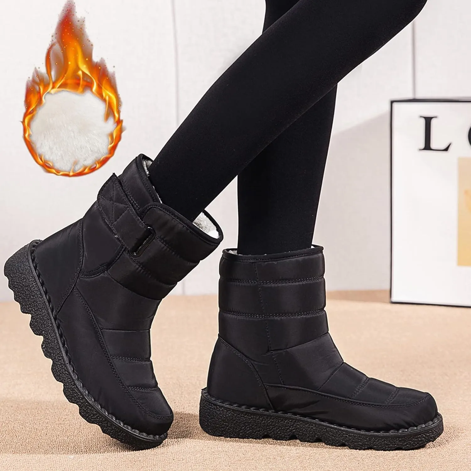 Winter Snow Boots for Women Water-proof Thermal Fleece Lined Anti Slip Mid Calf Boots for Ladies Platform Wedge Booties Warm Fuzzy Ankle Booties Outdoor Work Short Boots with Buckle