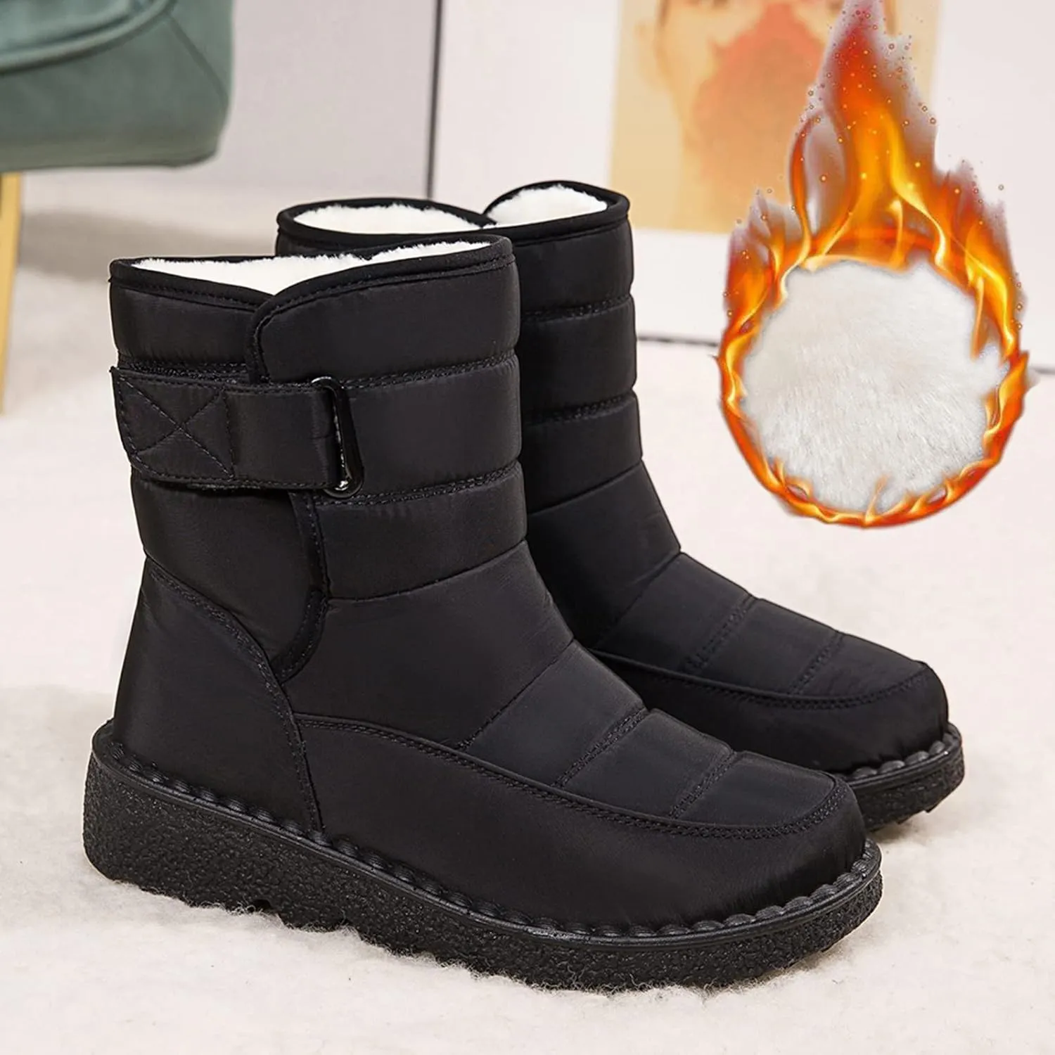 Winter Snow Boots for Women Water-proof Thermal Fleece Lined Anti Slip Mid Calf Boots for Ladies Platform Wedge Booties Warm Fuzzy Ankle Booties Outdoor Work Short Boots with Buckle