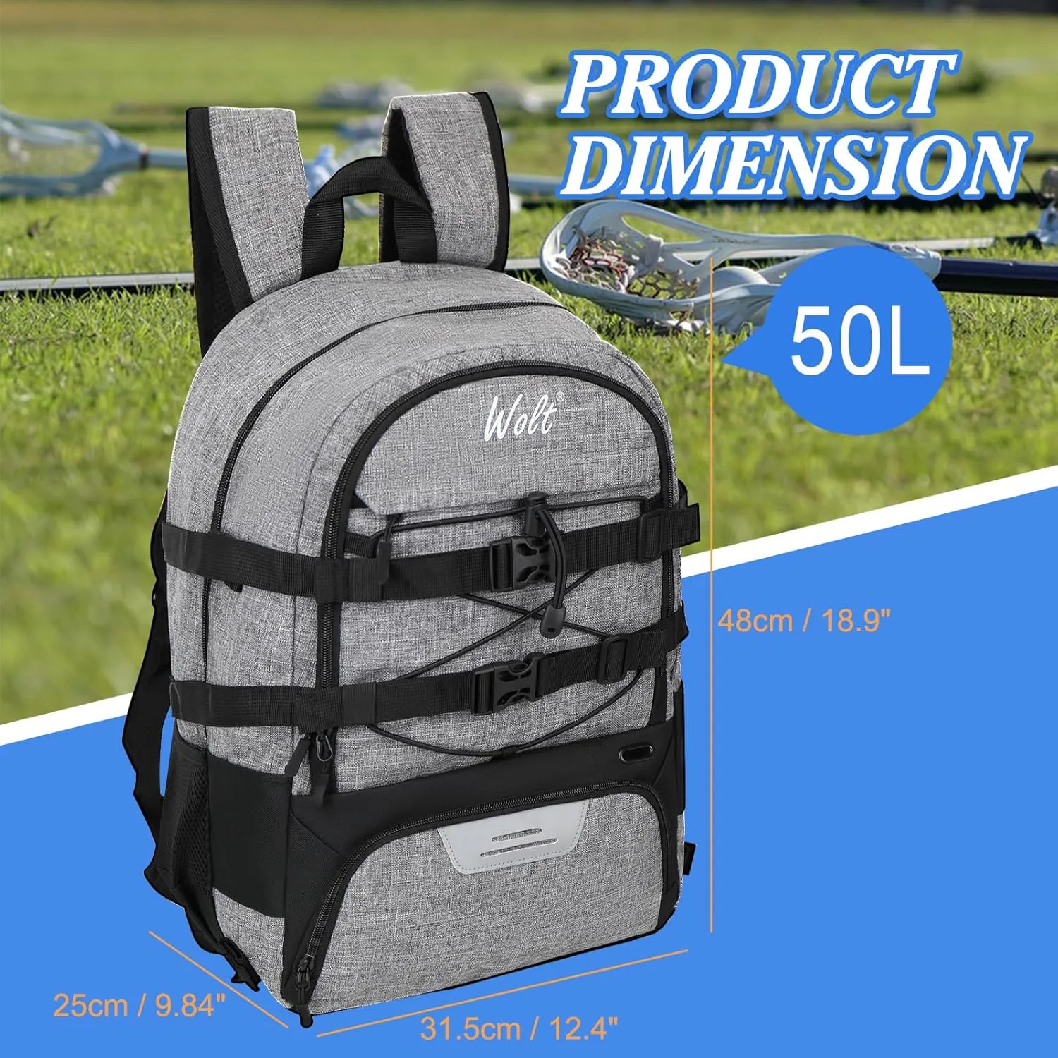 WOLT Lacrosse Bag-Lacrosse Backpack with Two Sticks Holder-Large Field Hockey Bag Holds All Sport Gears