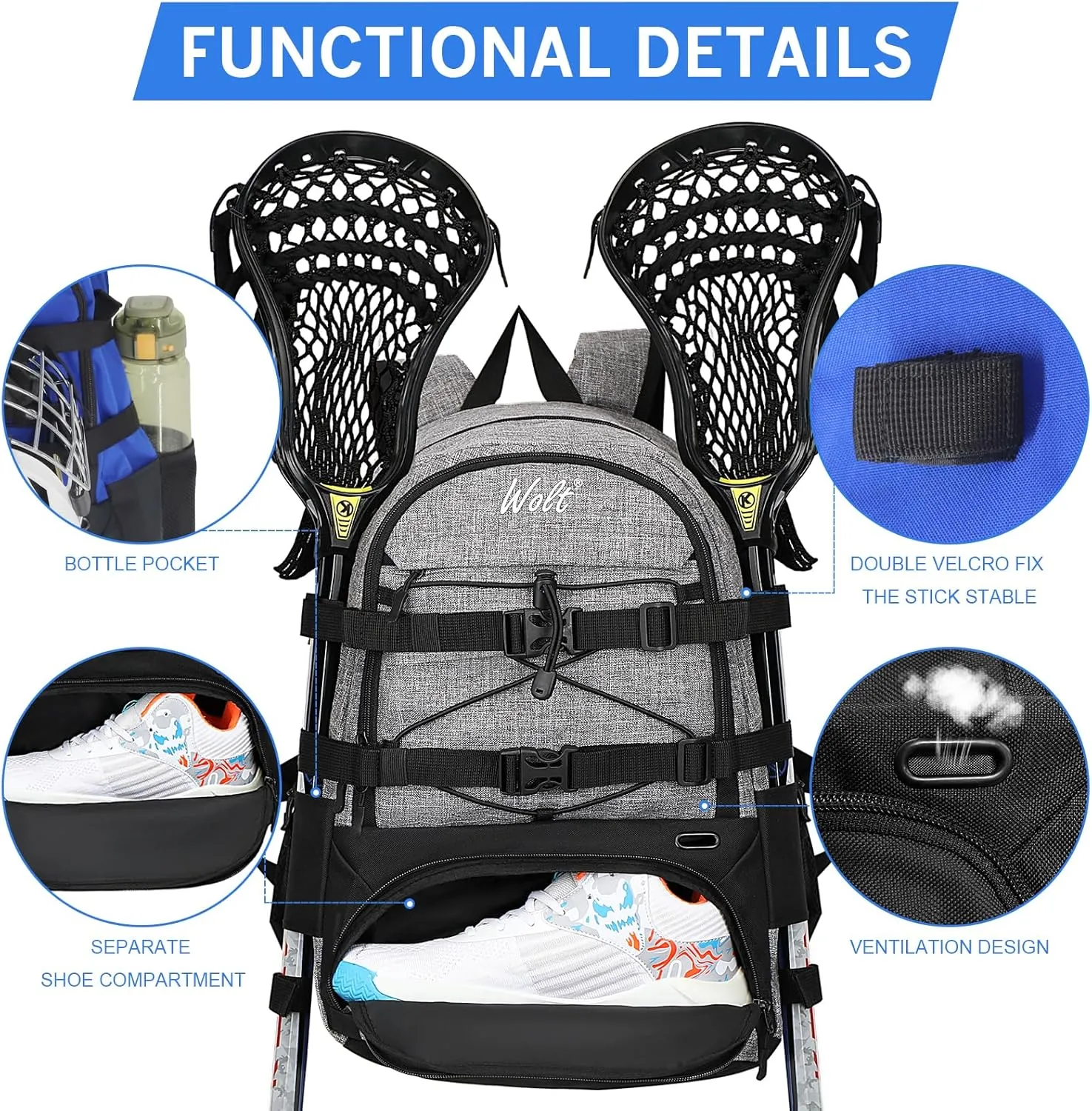 WOLT Lacrosse Bag-Lacrosse Backpack with Two Sticks Holder-Large Field Hockey Bag Holds All Sport Gears