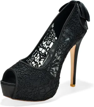 Women Bridal Wedding Shoes Lace Peep Toe Pumps High Heel Slip on Bridesmaid Shoes