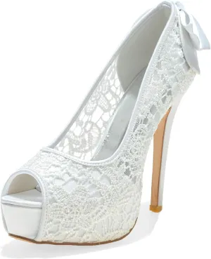 Women Bridal Wedding Shoes Lace Peep Toe Pumps High Heel Slip on Bridesmaid Shoes