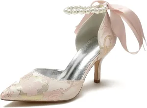 Women Buckle Pearl Bridal Silk Wedding Shoes Satin Pointed Toe Pumps High Heel Prom Shoes