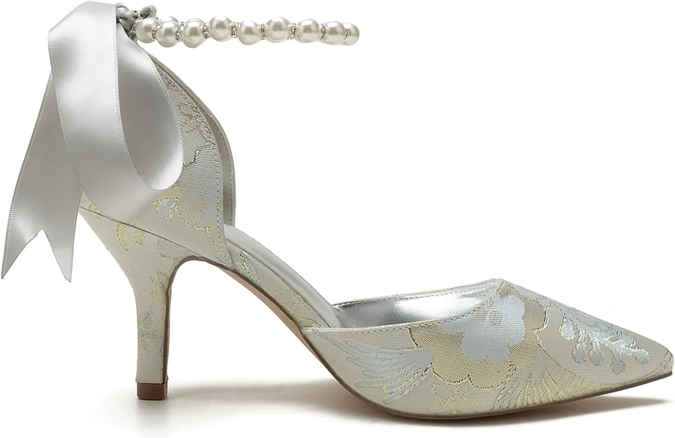 Women Buckle Pearl Bridal Silk Wedding Shoes Satin Pointed Toe Pumps High Heel Prom Shoes
