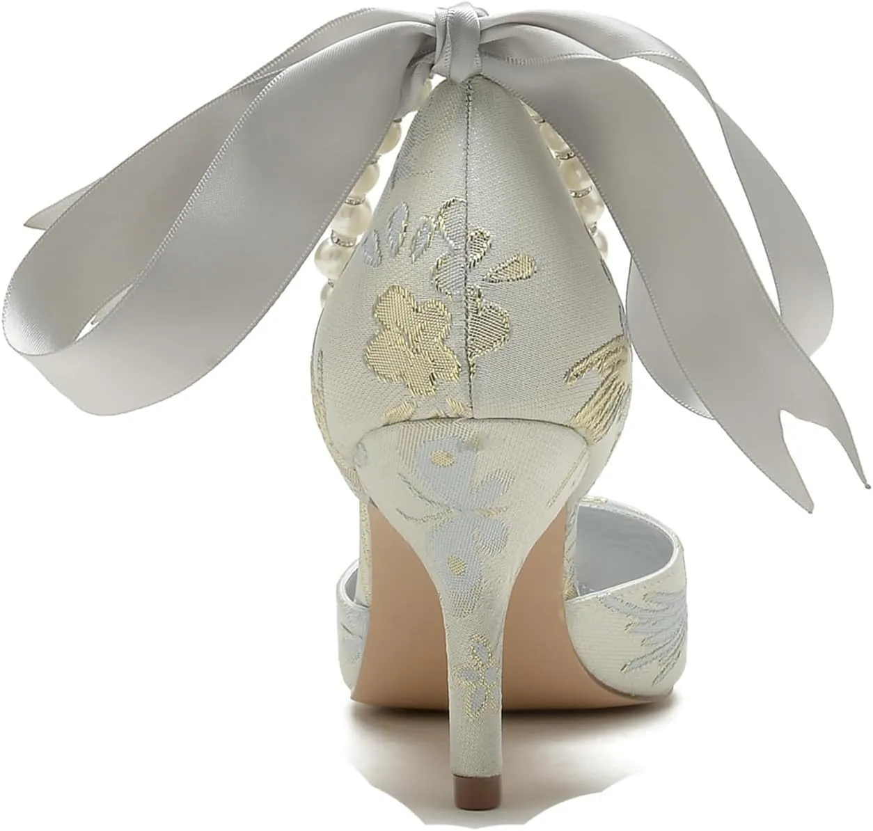 Women Buckle Pearl Bridal Silk Wedding Shoes Satin Pointed Toe Pumps High Heel Prom Shoes