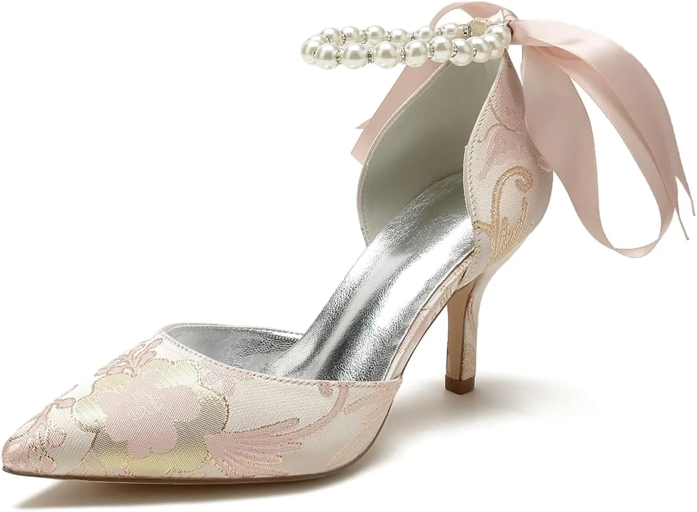 Women Buckle Pearl Bridal Silk Wedding Shoes Satin Pointed Toe Pumps High Heel Prom Shoes
