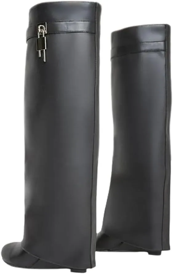 Women Fold Over Wedge Boots Padlock Knee High Fashion Pull On Boots